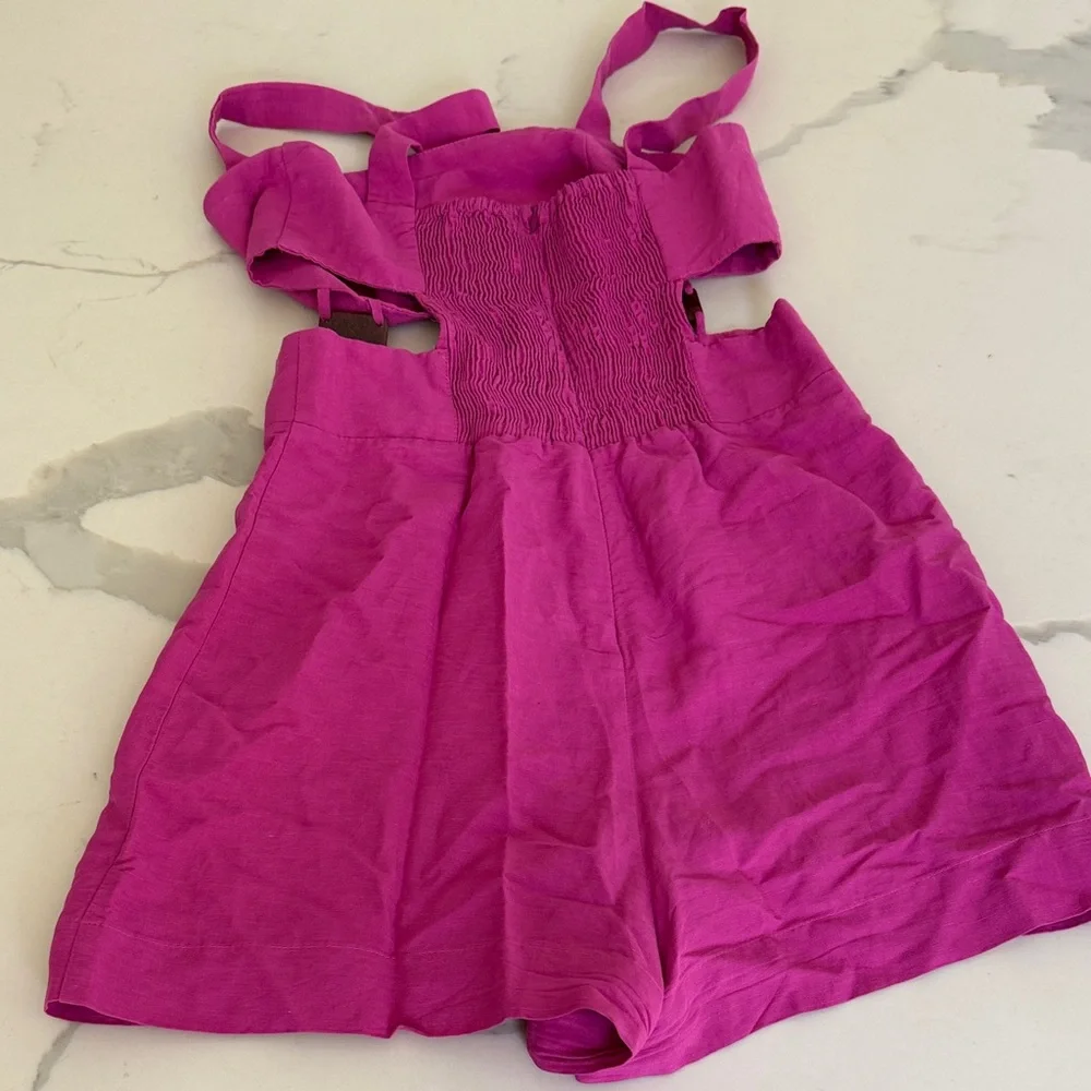 Bright Pink Women's Linen Blend Romper - Picture 4 of 6